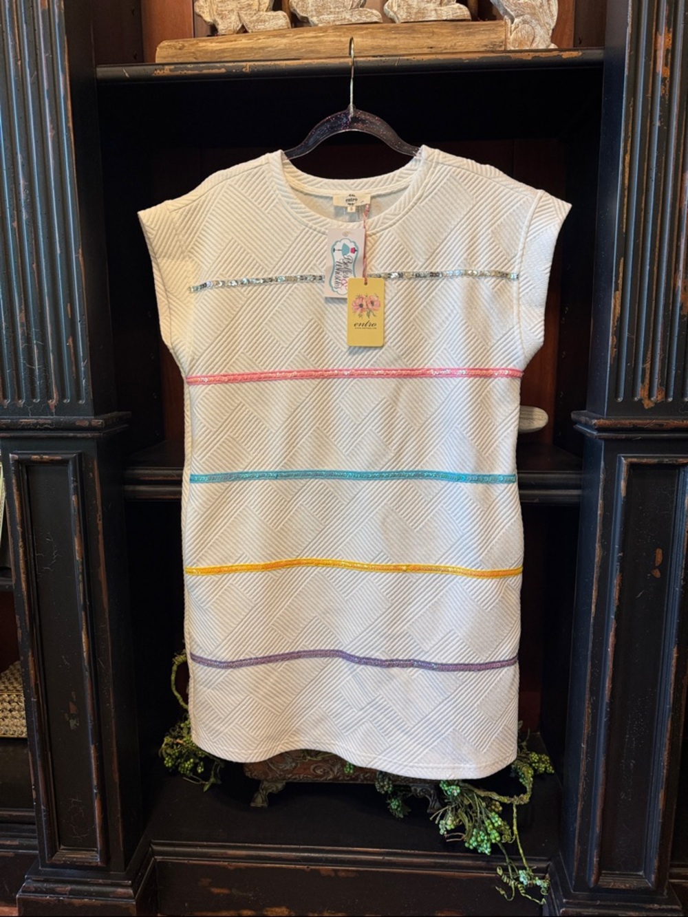 Entro White Textured Shift Dress with Pastel Sequin Stripe Accents - Picture 2 of 7